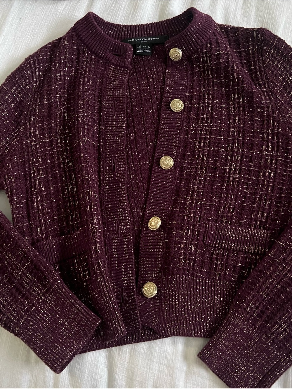 French Connection Plum Cardigan with Gold Metallic Trim